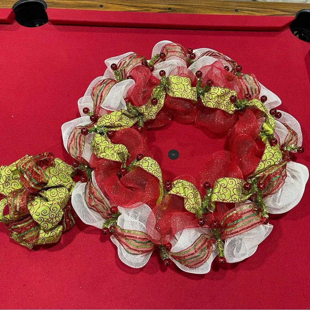 Handmade Christmas Deco Mesh Wreath with Lime Green Swirl Ribbon and Red Berries